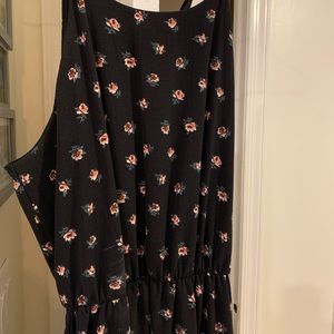 Black maxi dress with pink rose flower pattern.